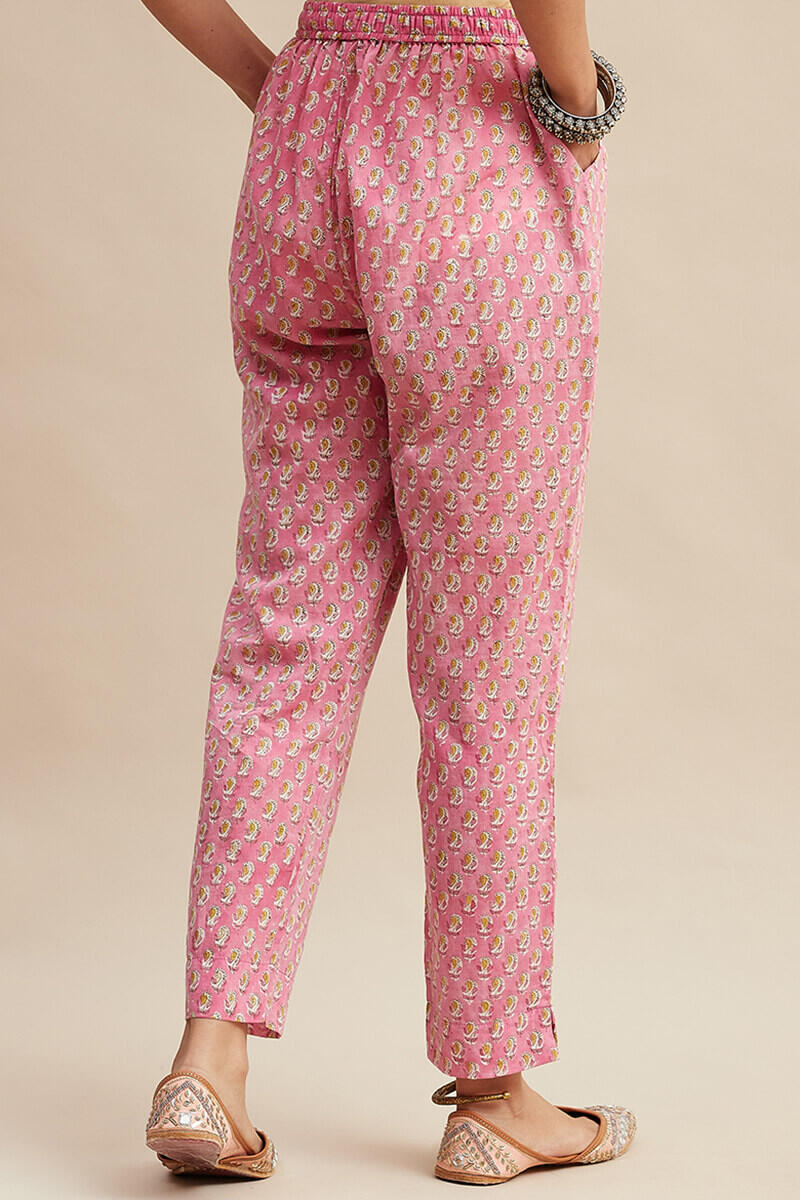 Pink Block Printed Cotton Narrow Pants