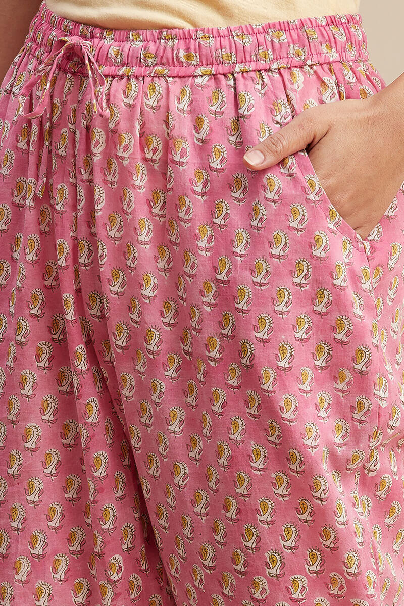 Pink Block Printed Cotton Narrow Pants