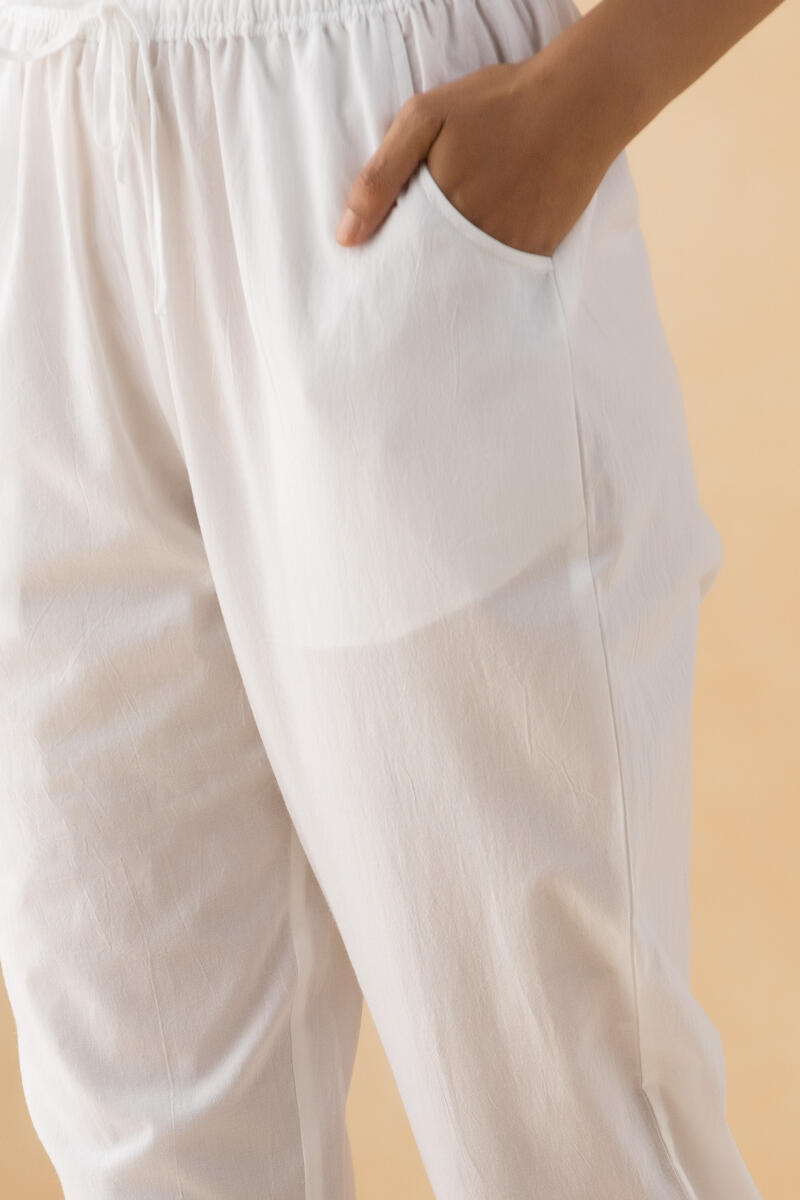 White Handcrafted Cotton Narrow Pants