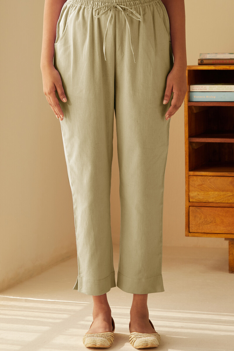 Beige Handcrafted Cotton Flax Narrow Pants