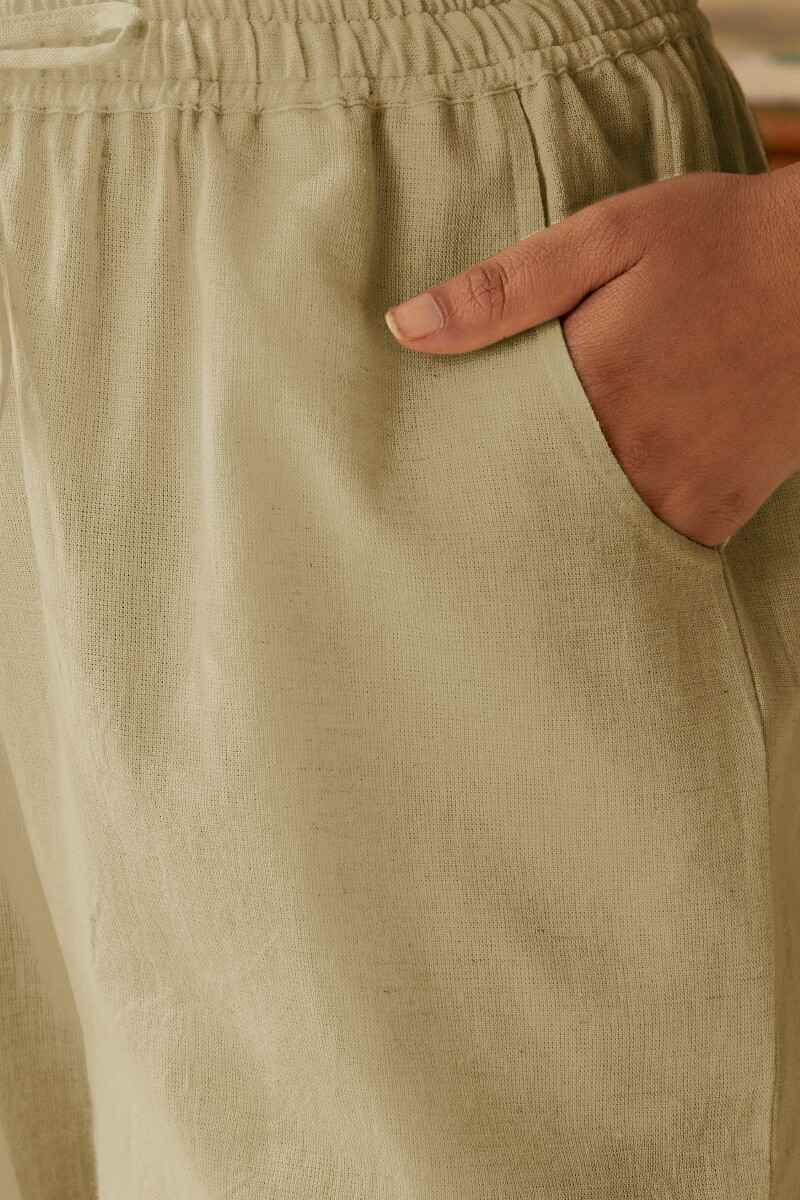 Beige Handcrafted Cotton Flax Narrow Pants