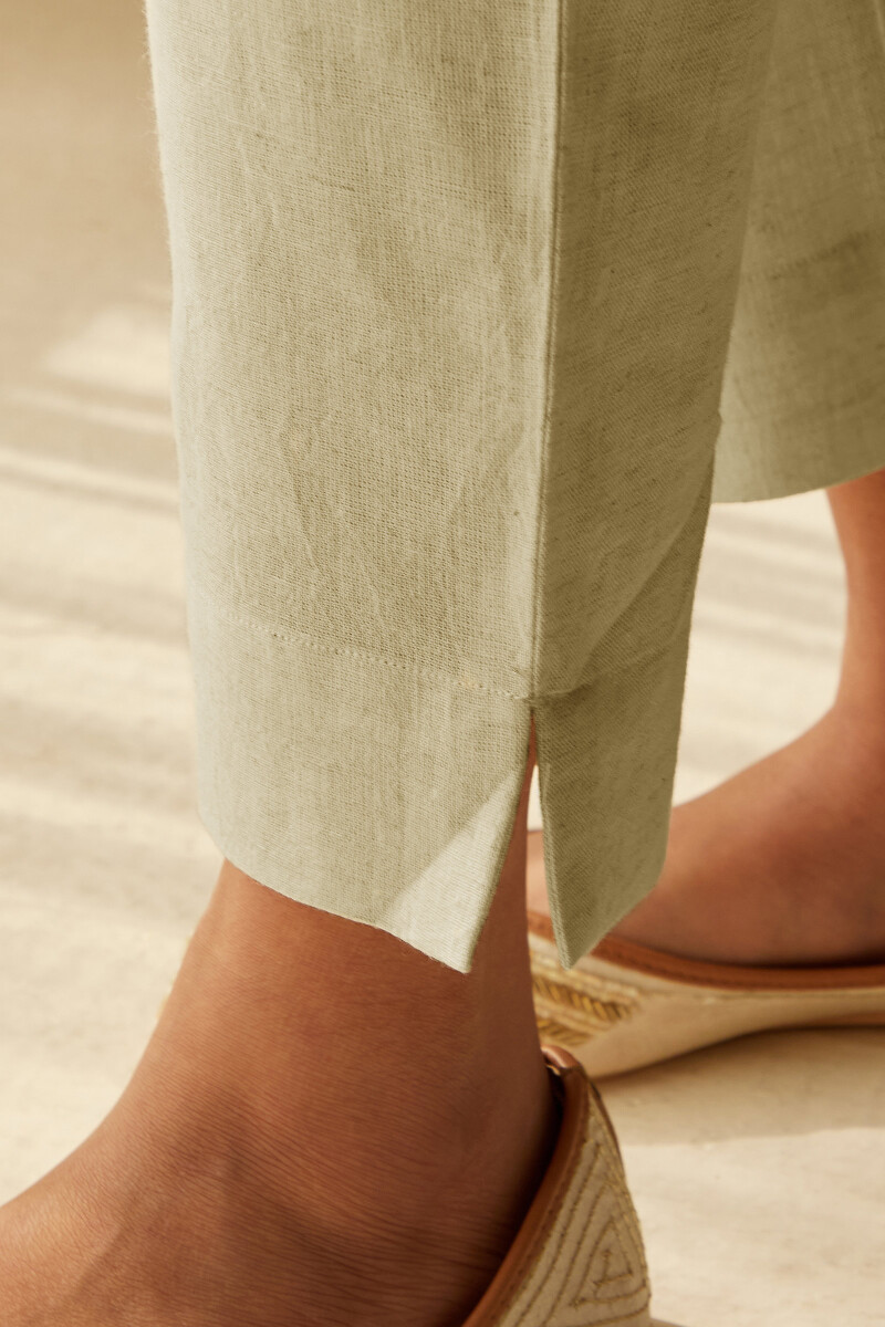 Beige Handcrafted Cotton Flax Narrow Pants