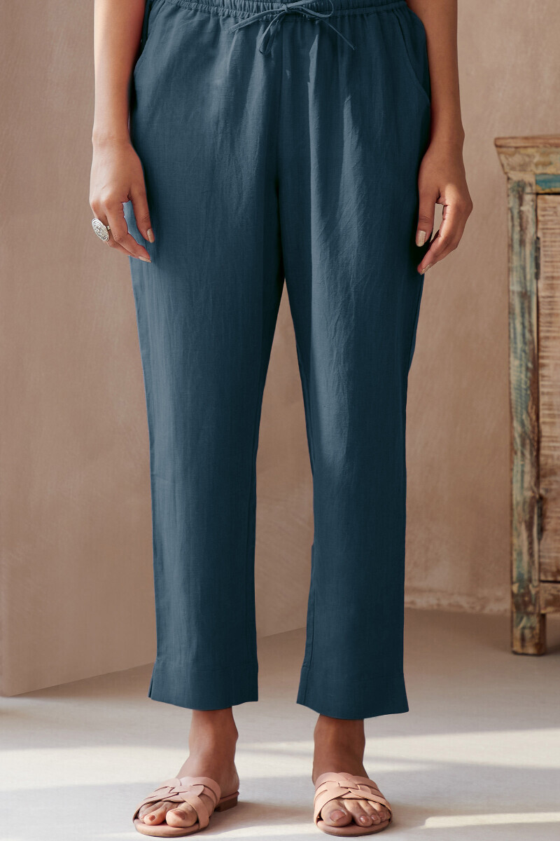 Twilight Blue Handcrafted Cotton Flax Narrow Pants