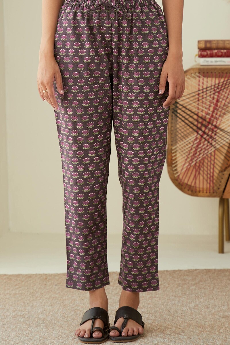 Purple Hand Printed Cotton Narrow Pants