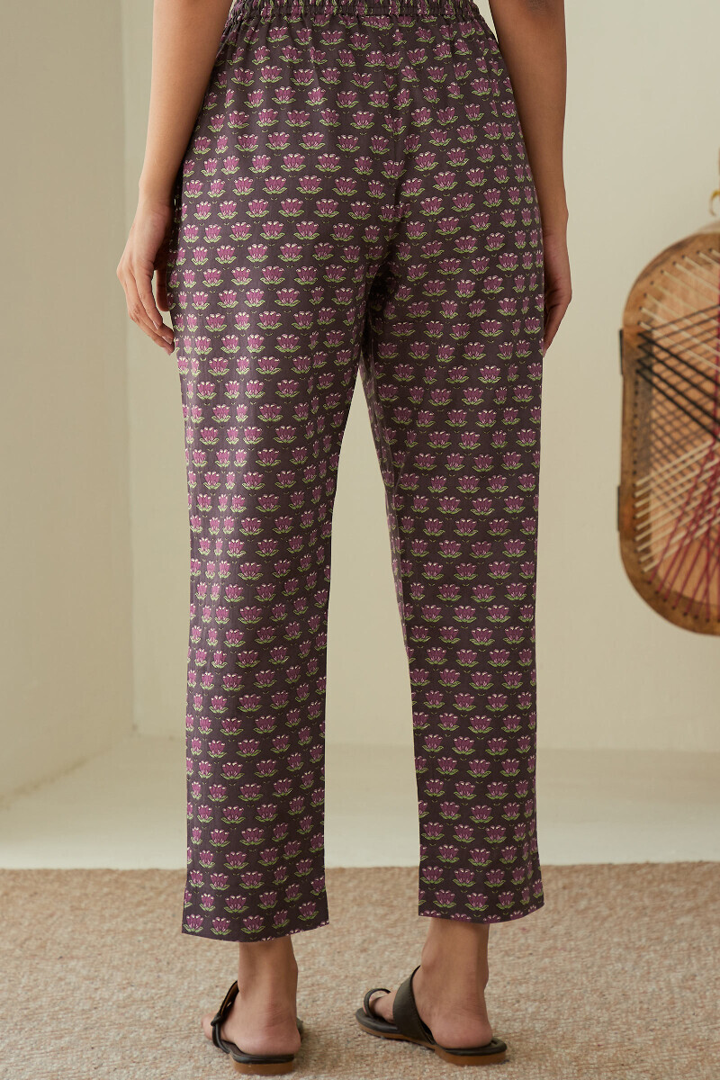 Purple Hand Printed Cotton Narrow Pants