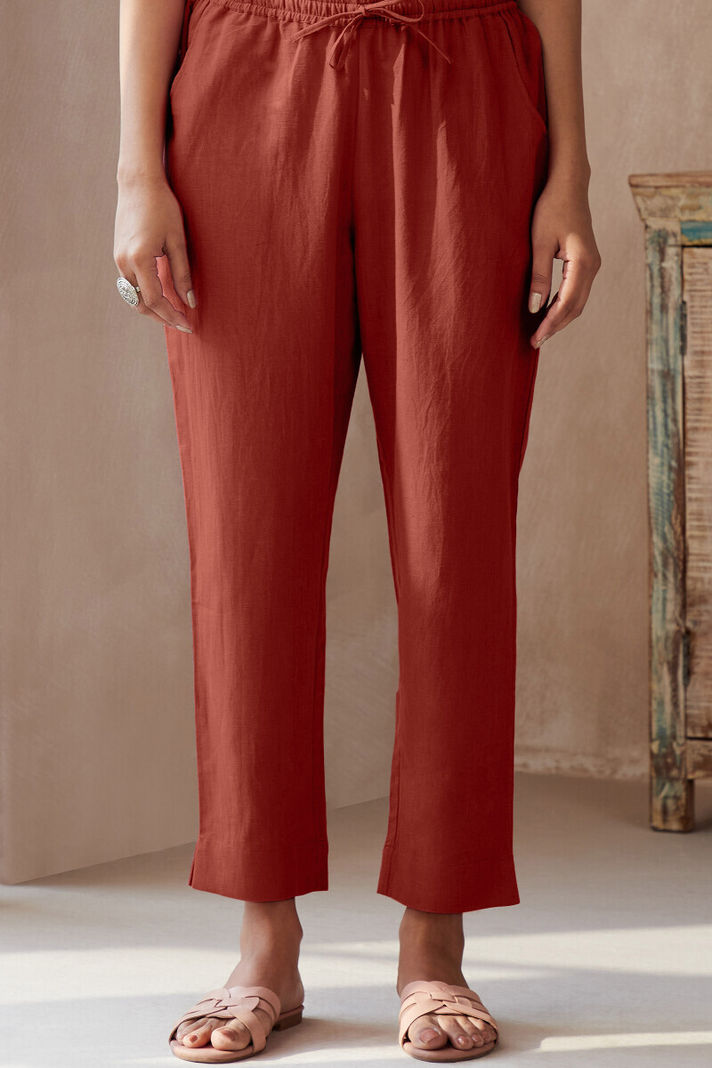 Red Handcrafted Cotton Flax Narrow Pants