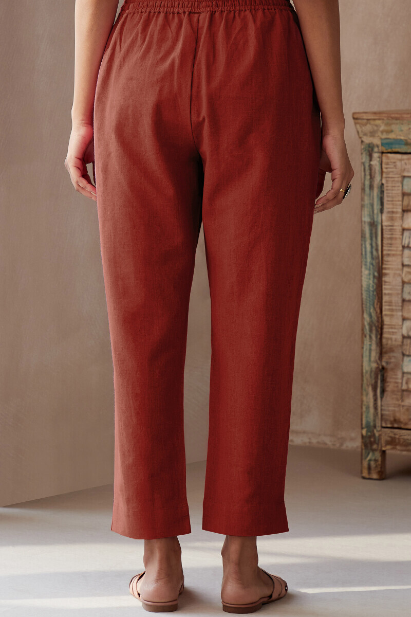 Red Handcrafted Cotton Flax Narrow Pants