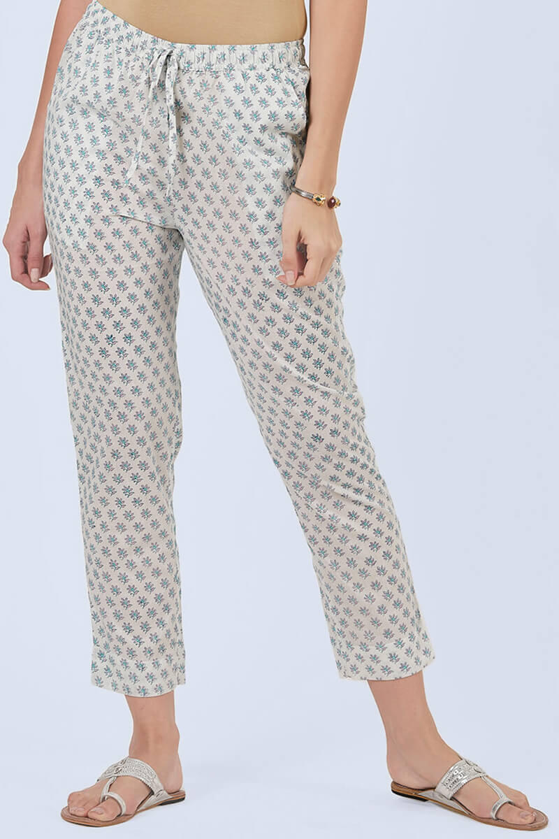 White Block Printed Cotton Pants