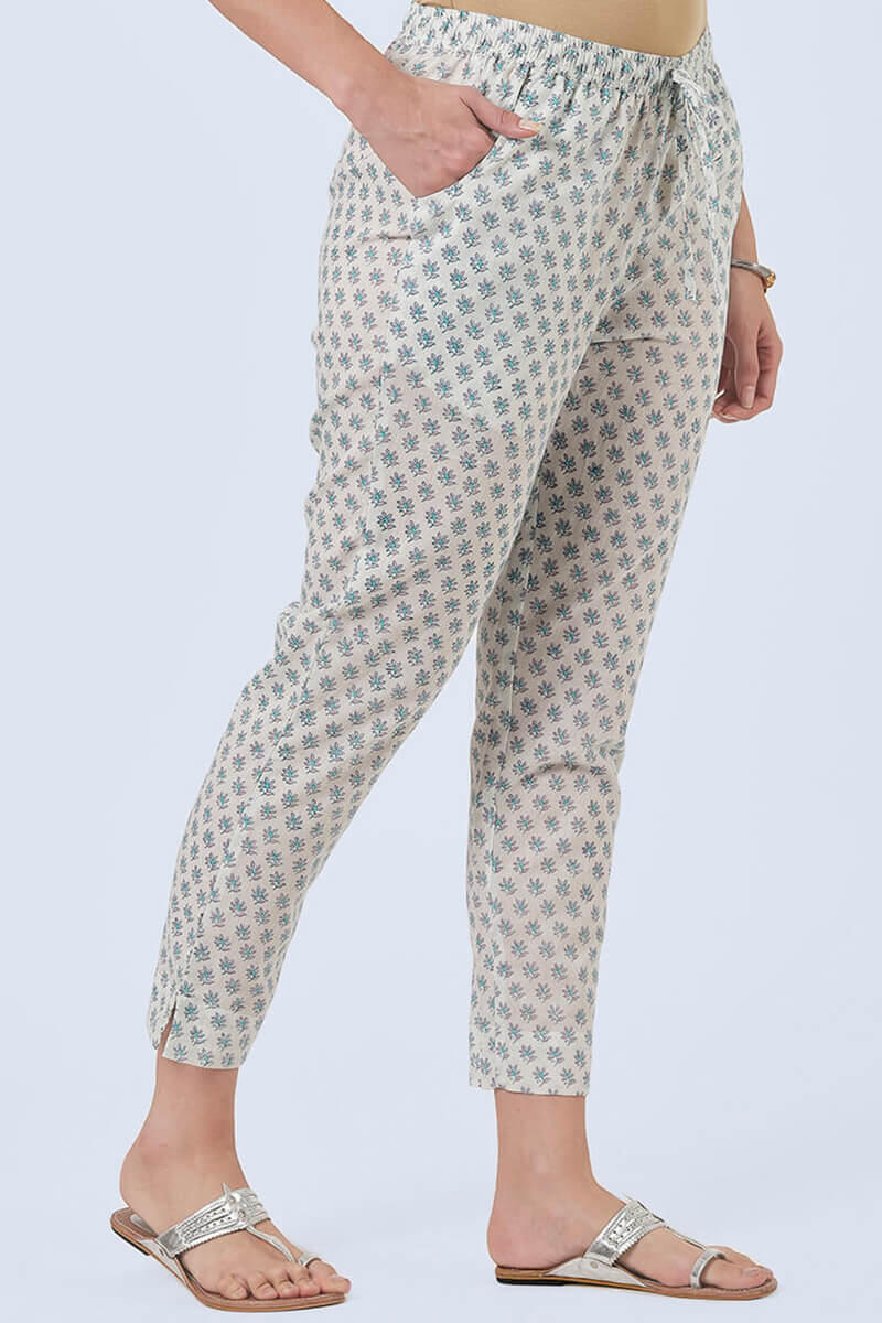 White Block Printed Cotton Pants