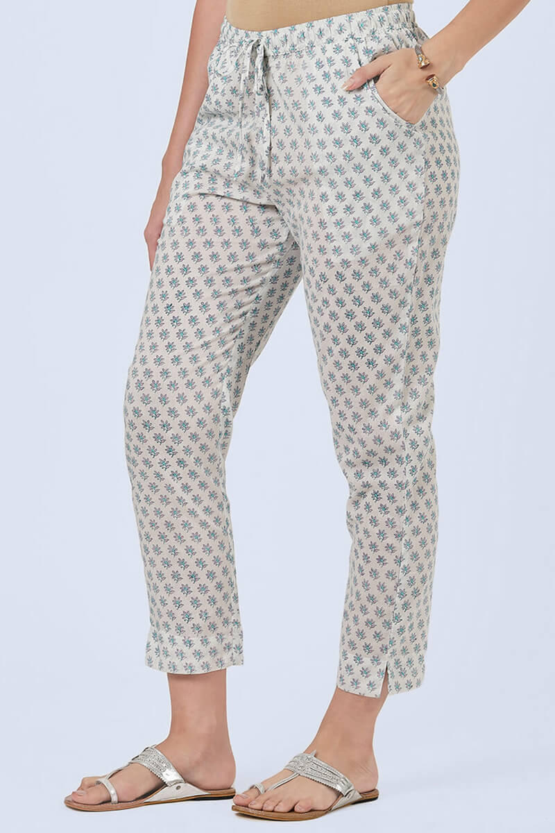 White Block Printed Cotton Pants