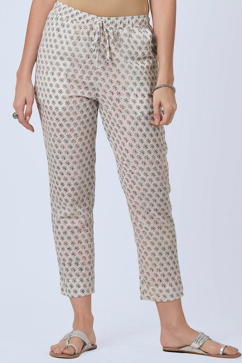 White Block Printed Cotton Pants