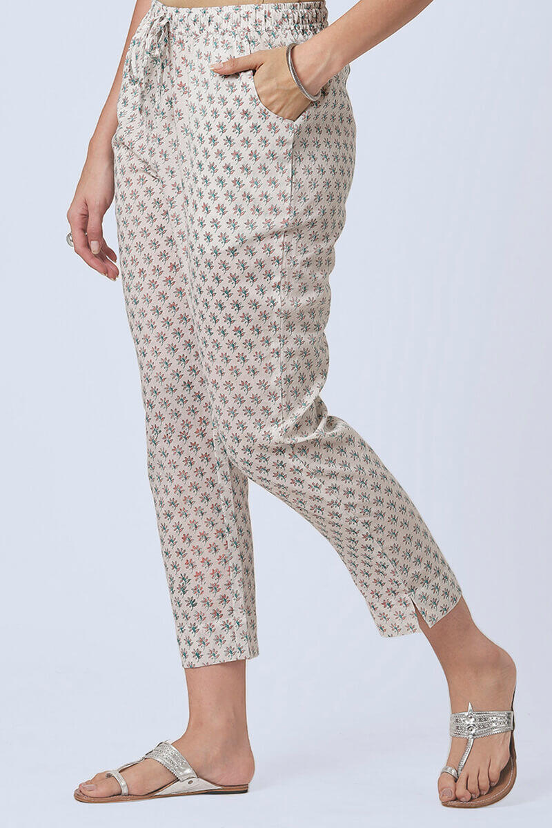 White Block Printed Cotton Pants