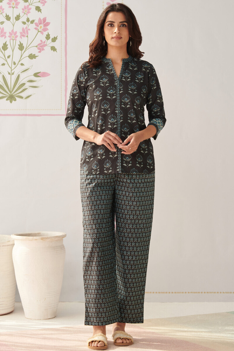 Black Hand Printed Cotton Loungewear Set