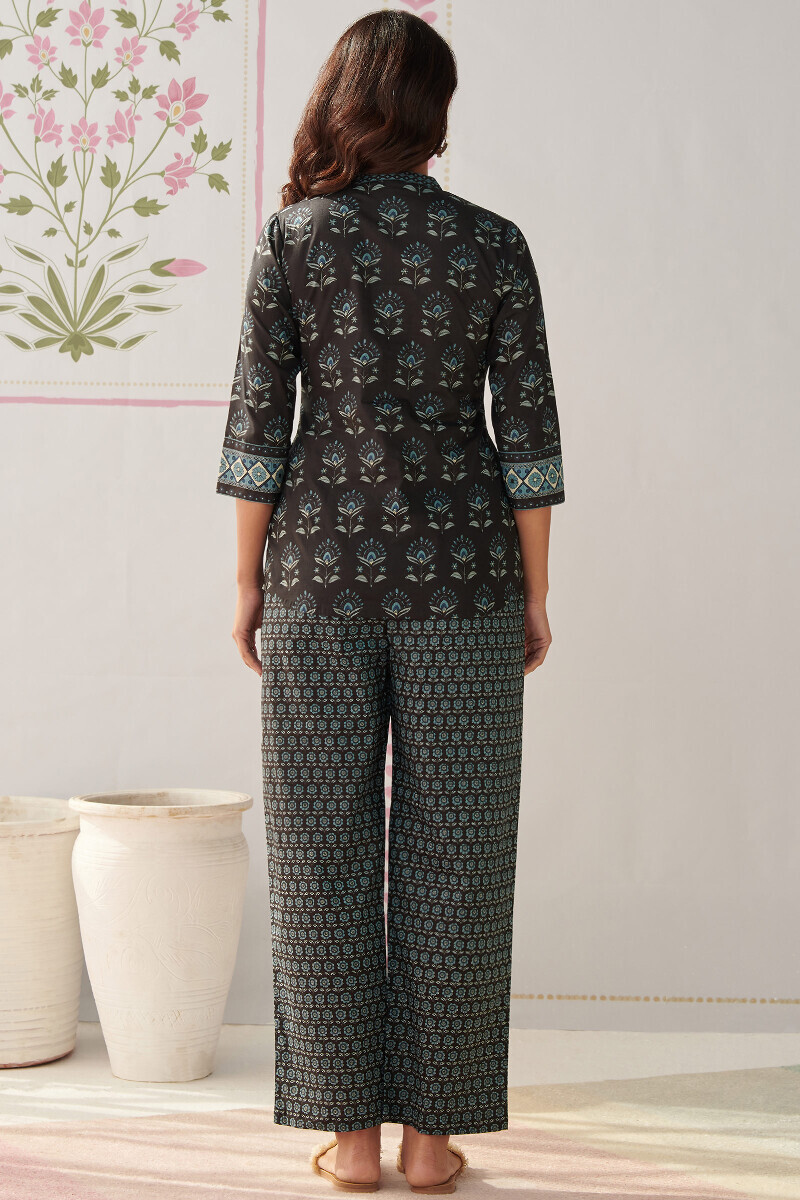 Black Hand Printed Cotton Loungewear Set