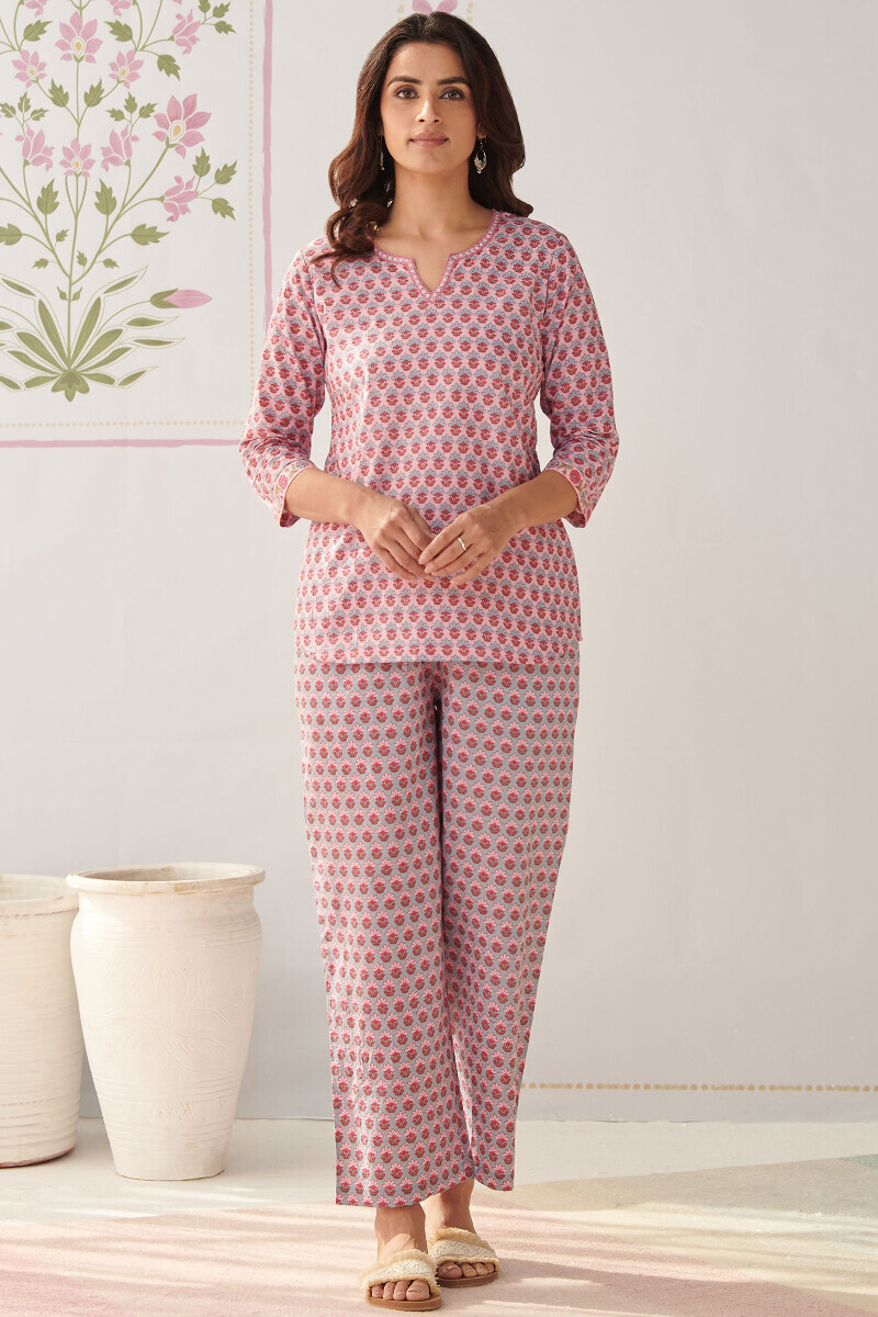 Pink Hand Printed Cotton Loungewear Set