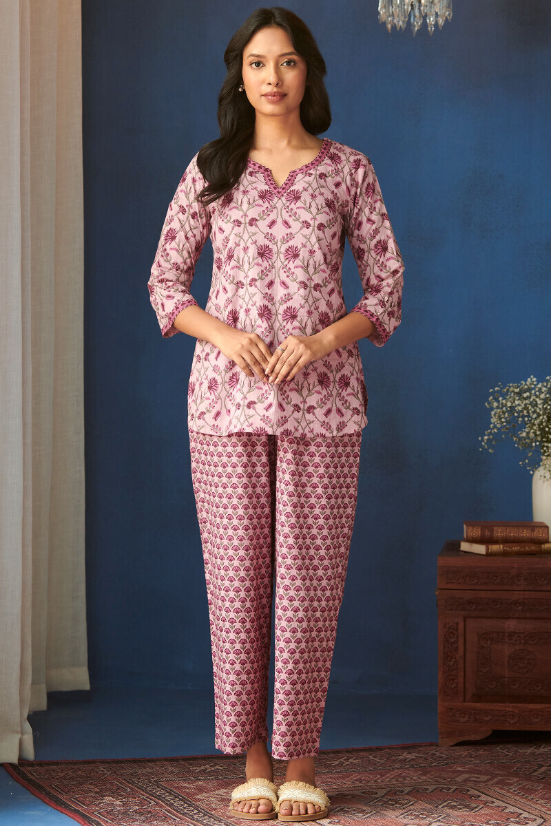 Pink Hand Printed Cotton Loungewear Set