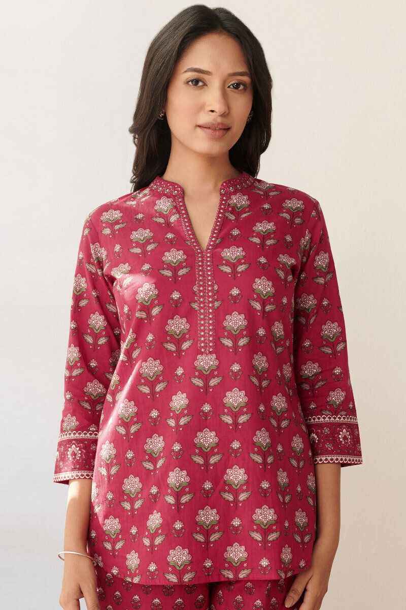 Red Hand Printed Cotton Loungewear Set