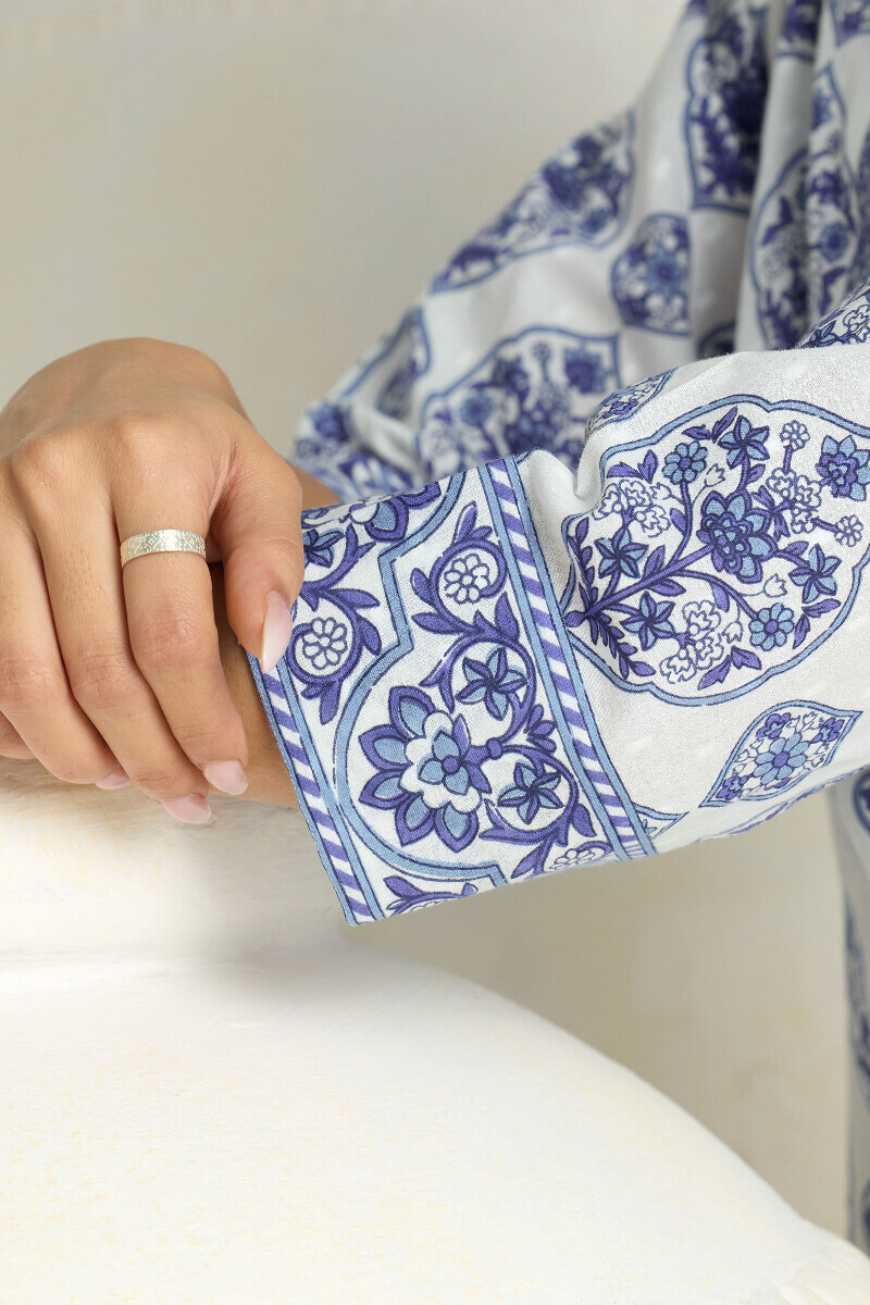 White Hand Printed Cotton Dobby Loungewear Set
