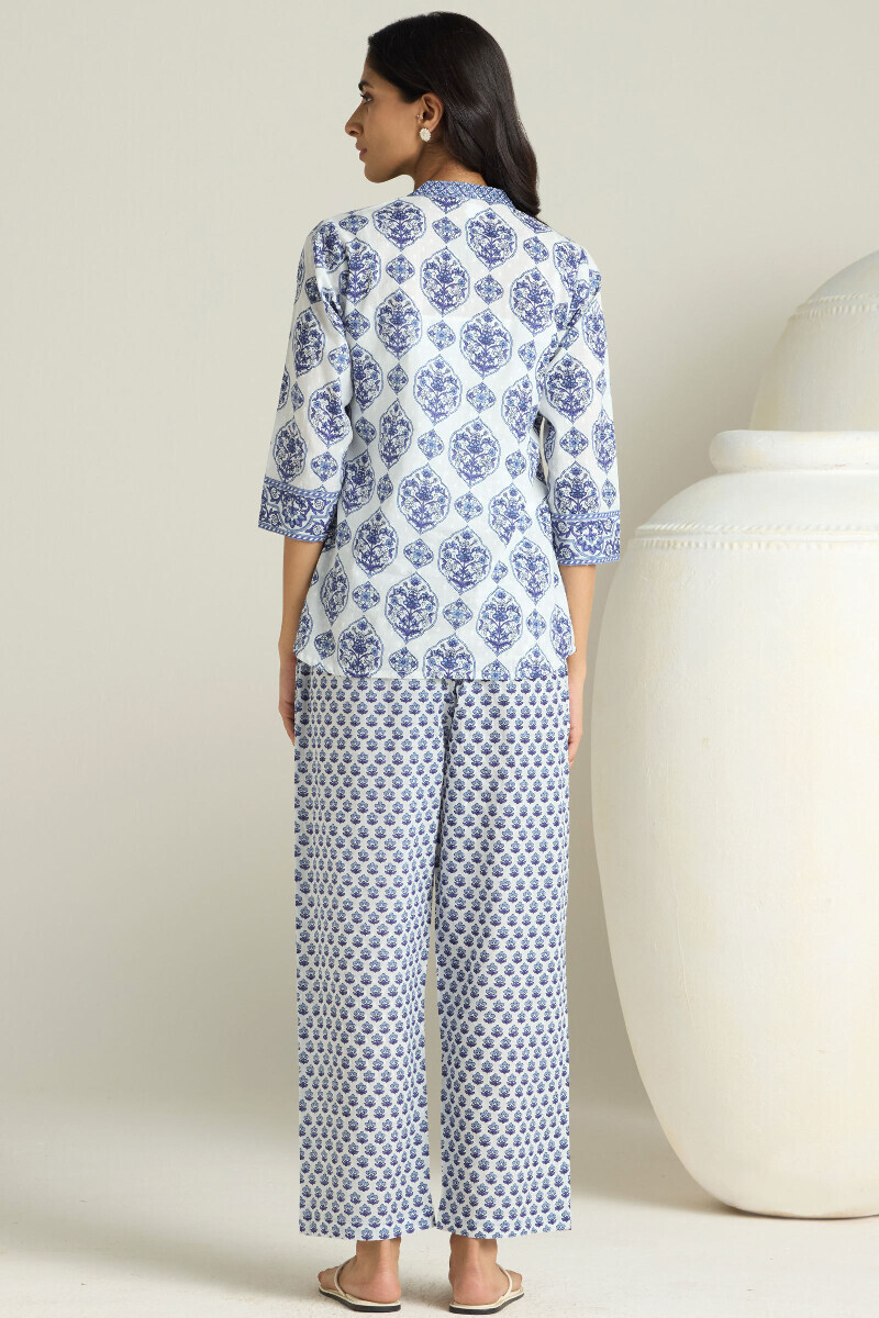 White Hand Printed Cotton Dobby Loungewear Set