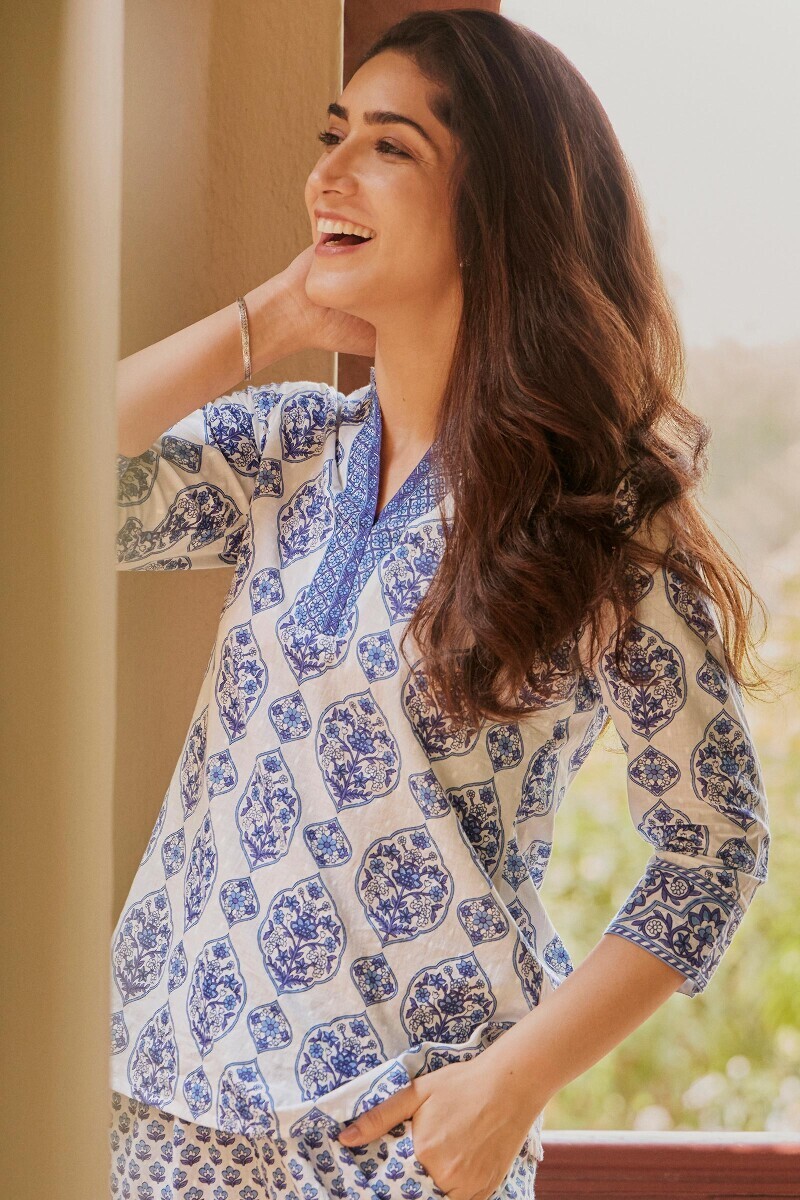 White Hand Printed Cotton Dobby Loungewear Set