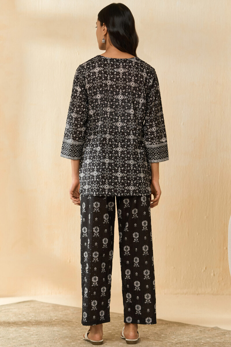 Black Hand Printed Cotton Dobby Loungewear Set
