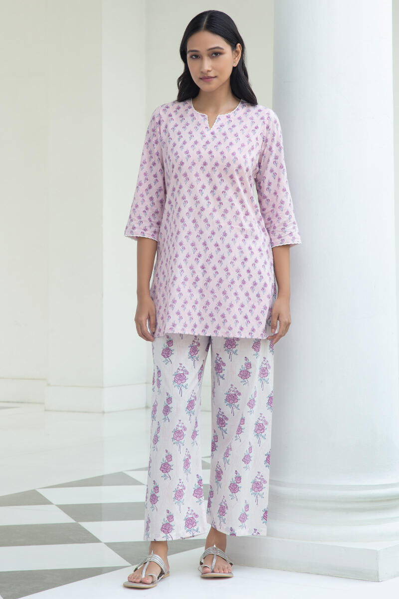 Purple Block Printed Cotton Pyjama Set