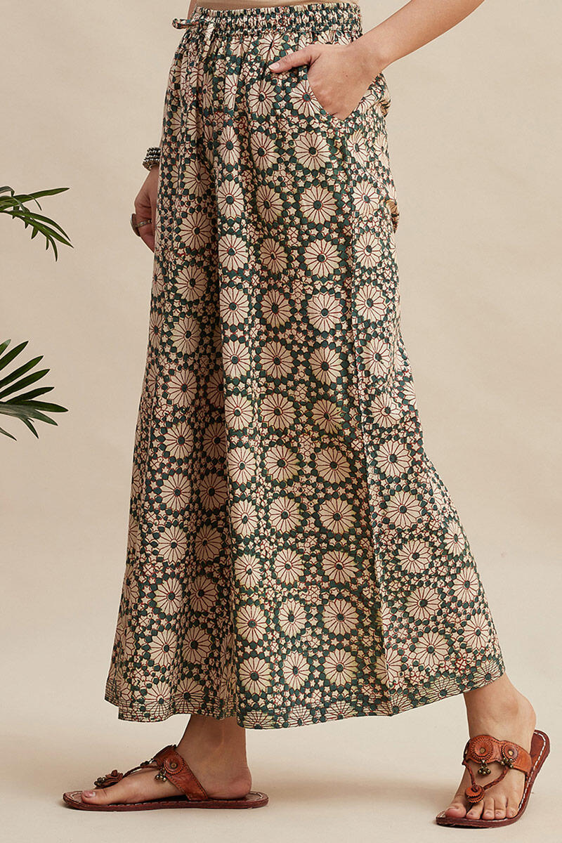 Beige Block Printed Cotton Palazzo