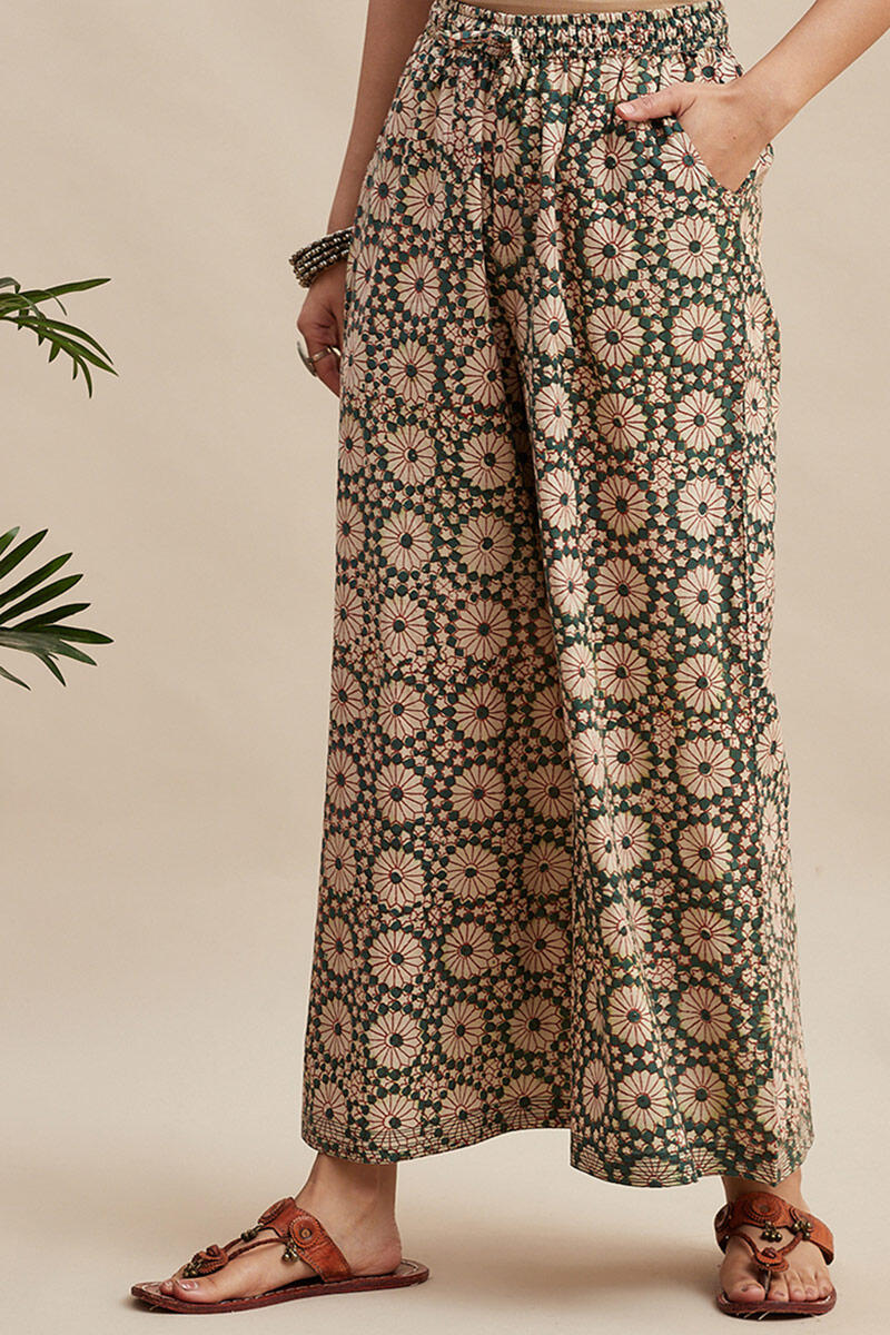 Beige Block Printed Cotton Palazzo