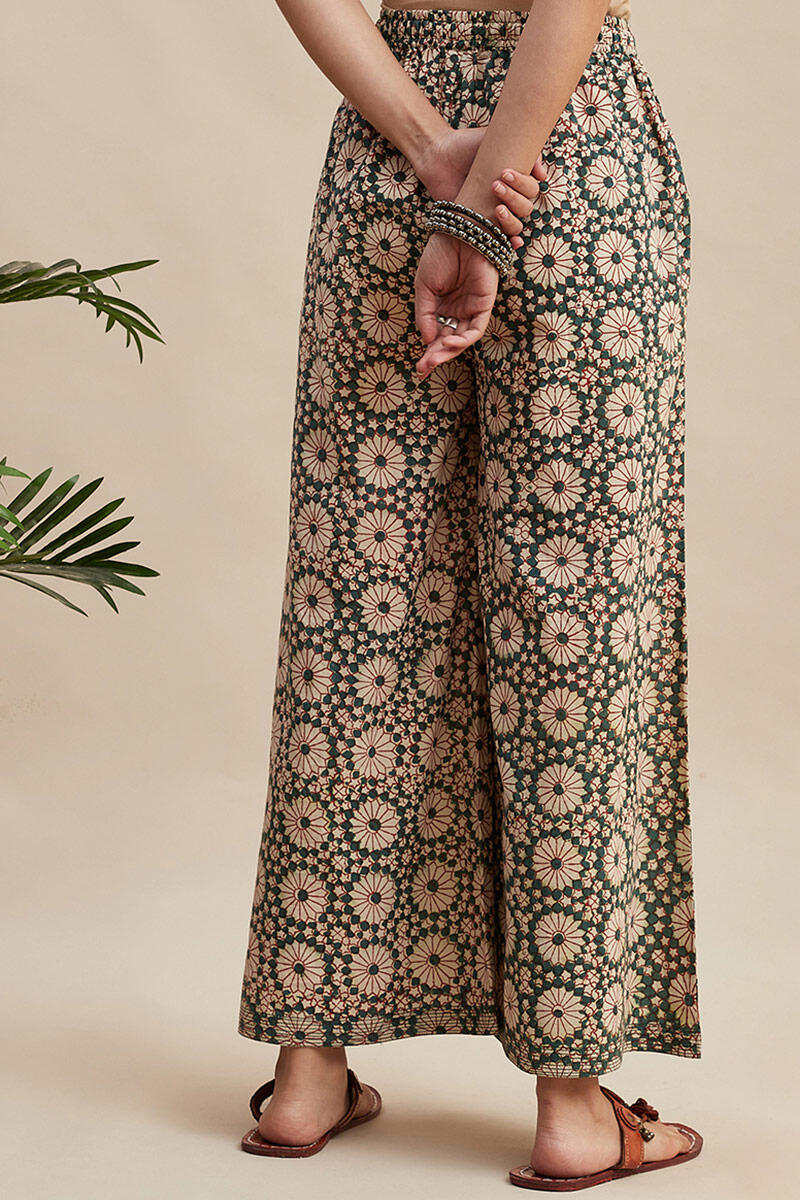 Beige Block Printed Cotton Palazzo