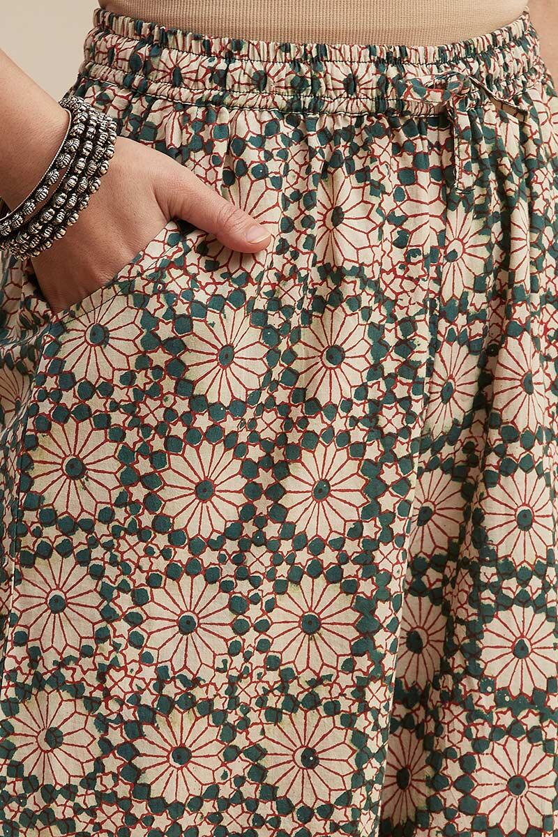 Beige Block Printed Cotton Palazzo