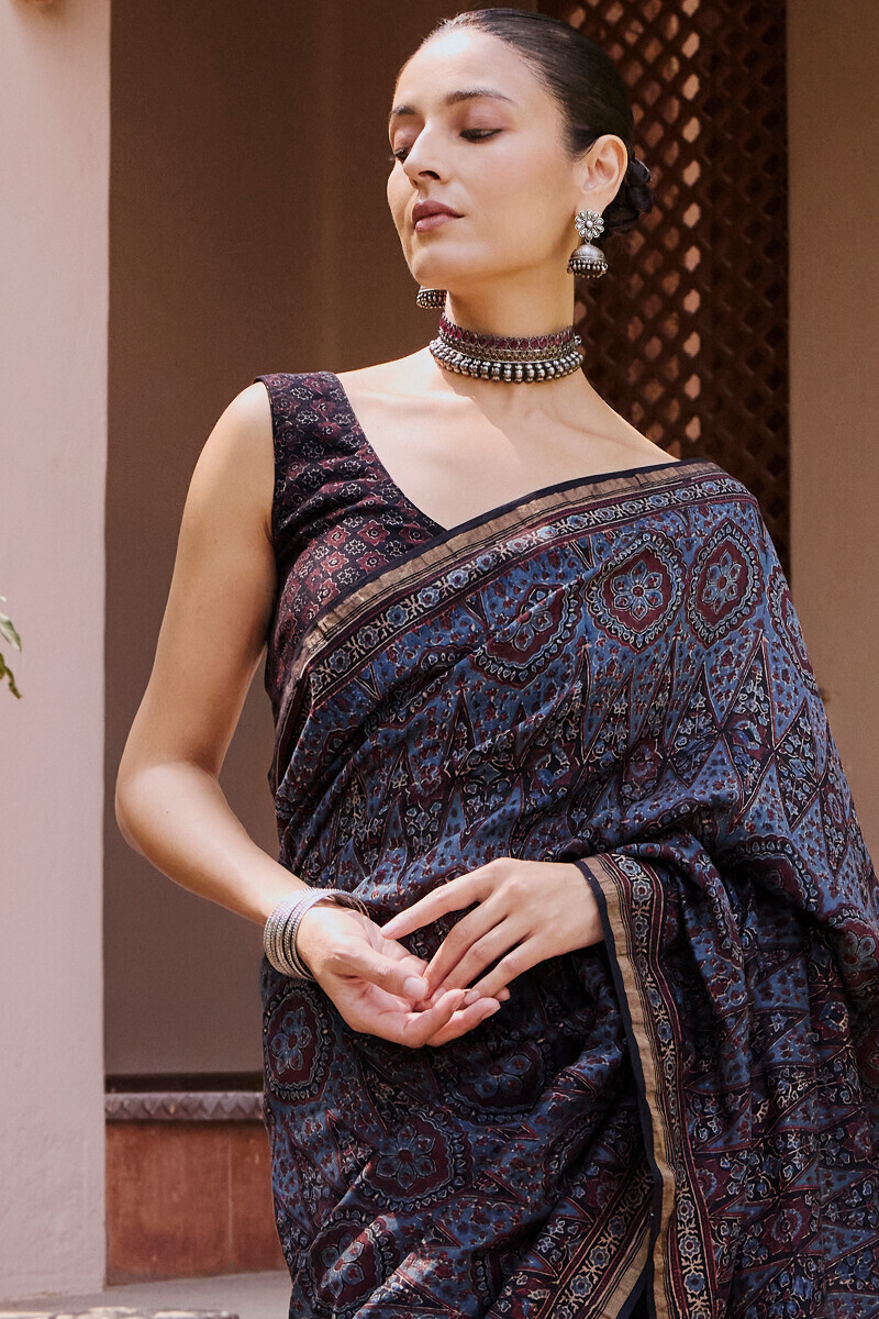 Ajrakh Hand Block-Printed Chanderi Saree