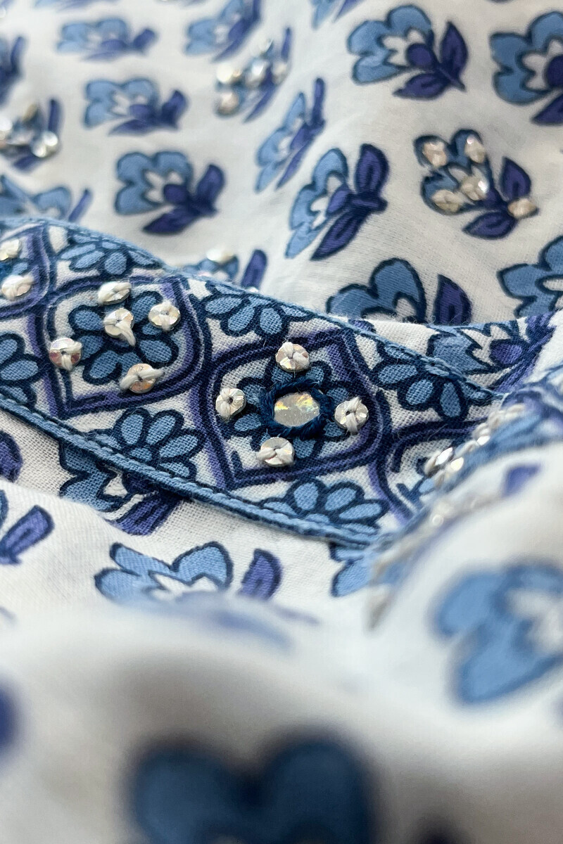 White Hand Printed Short Cotton Dobby Kurta