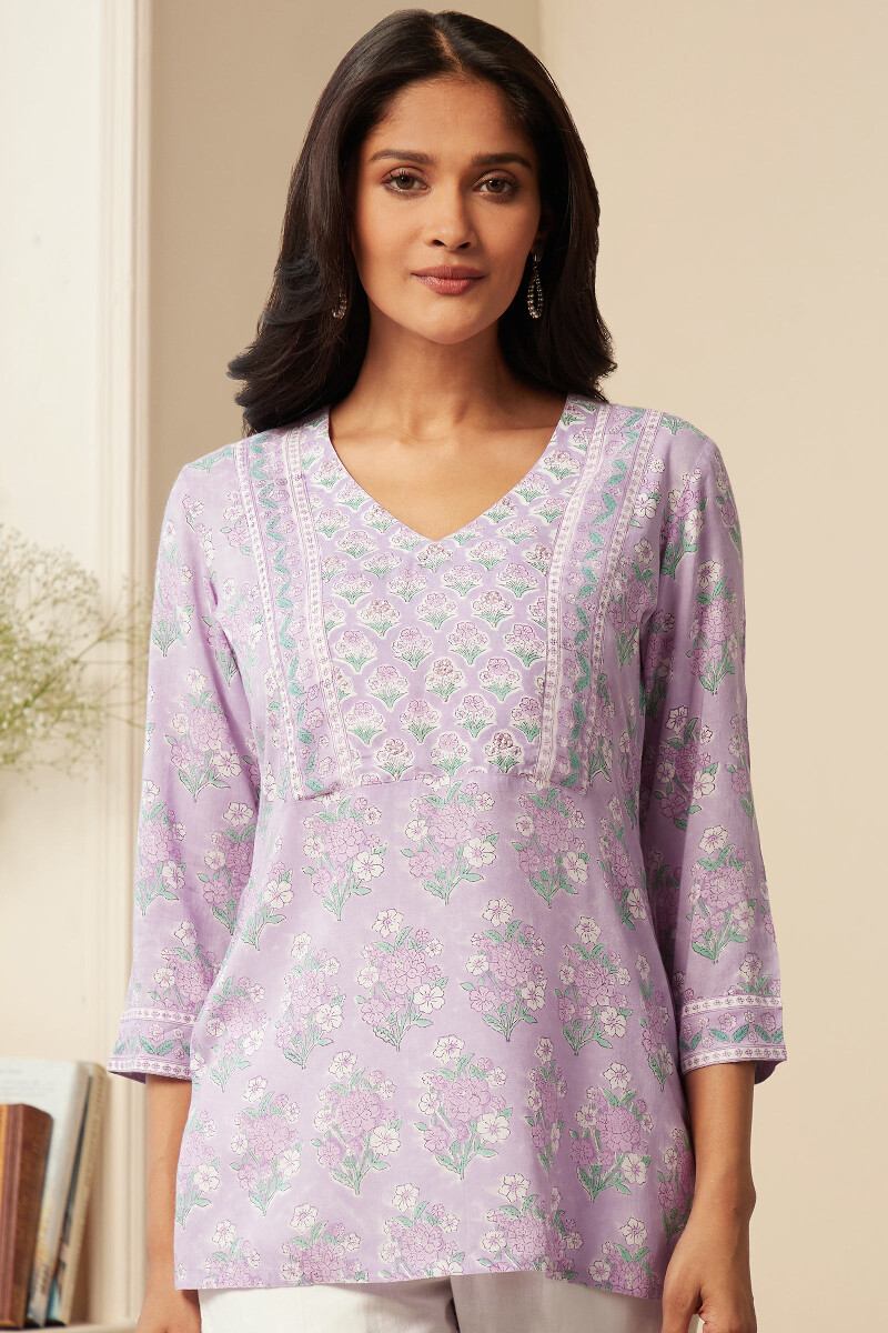 Purple Hand Block-Printed Viscose Top