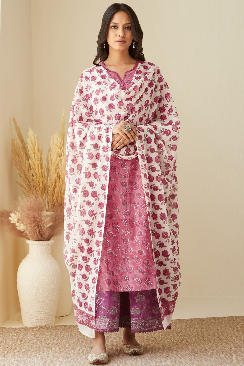 Pink Hand Block-Printed Cotton Mul Dupatta