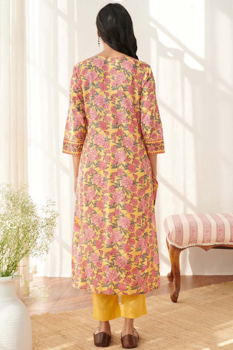 Yellow Hand Printed Straight Cotton Dobby Kurta