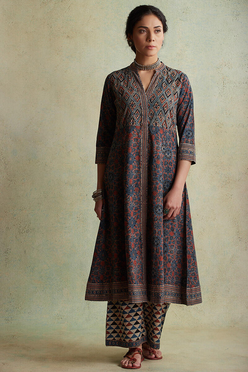 Ajrak Block Printed A-line Cotton Kurta