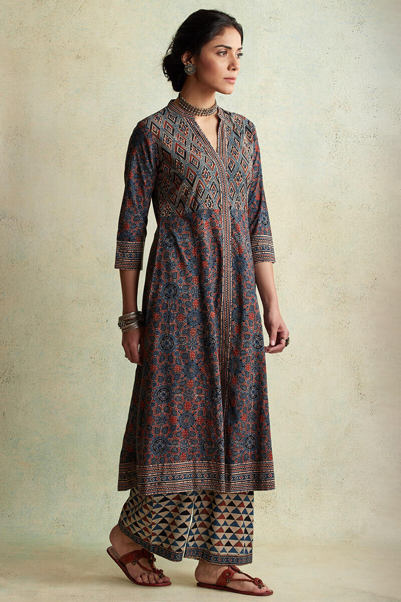 Ajrak Block Printed A-line Cotton Kurta