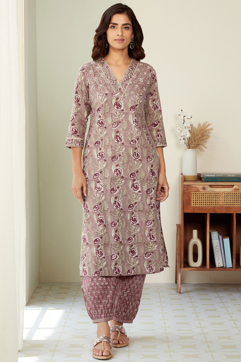 Brown Hand Block-Printed Straight Cotton Kurta