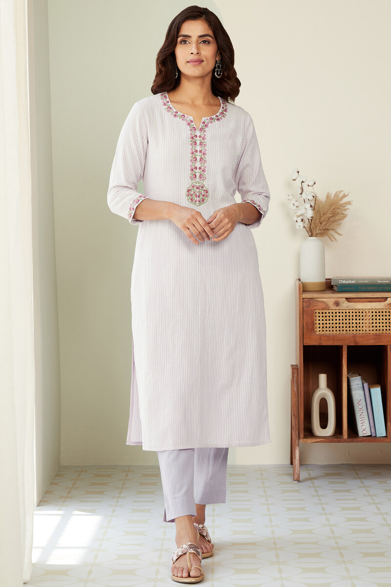 Purple Handcrafted Straight Cotton Flax Kurta