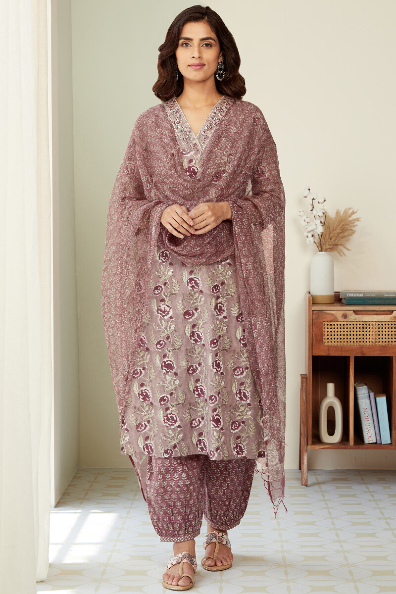 Brown Hand Block-Printed Straight Cotton Kurta