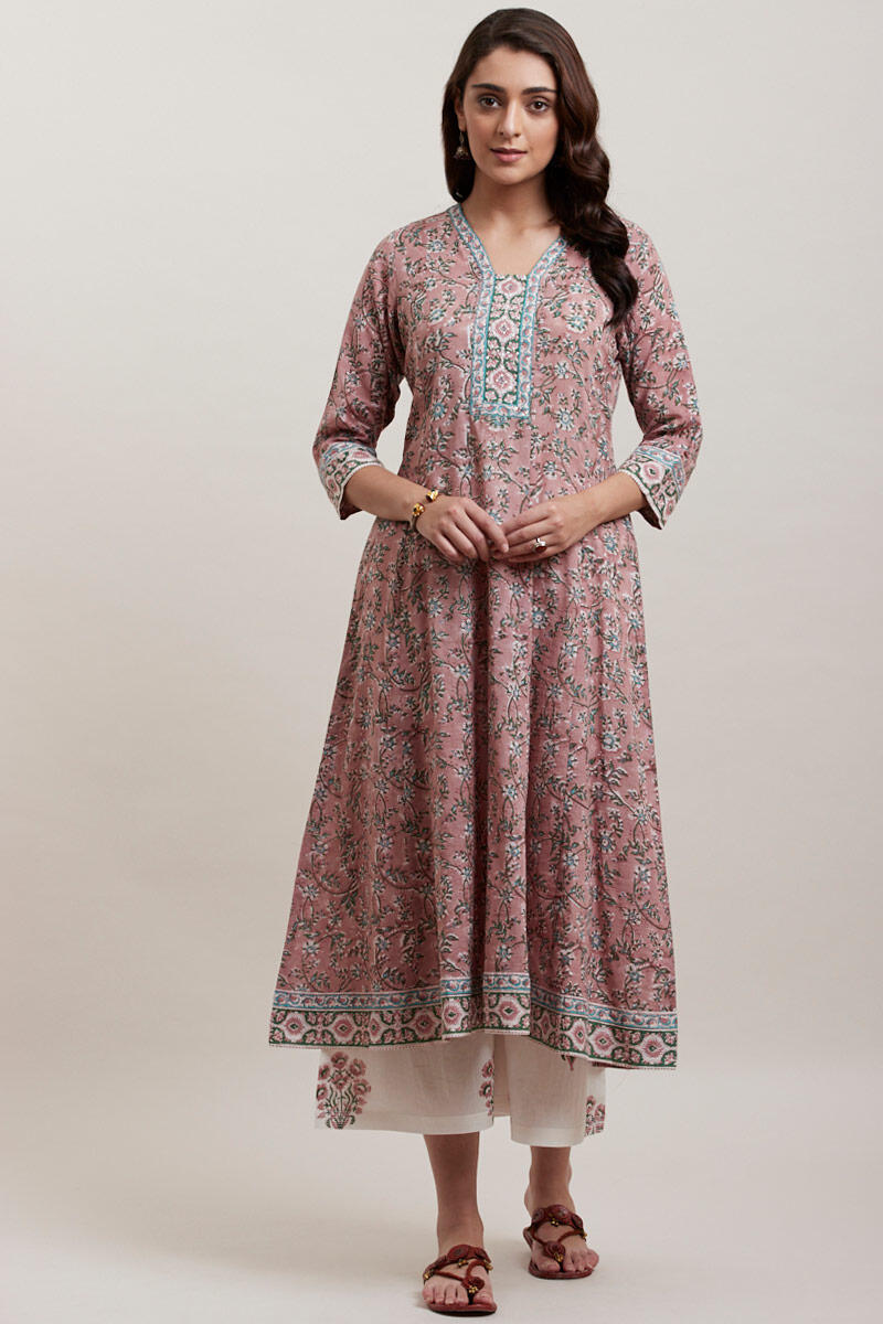 Brown Block Printed Anarkali Cotton Kurta