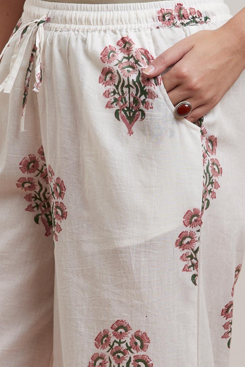 White Block Printed Cotton Palazzo