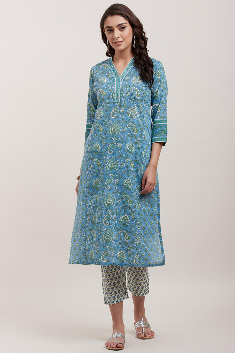 Blue Block Printed Straight Cotton Kurta