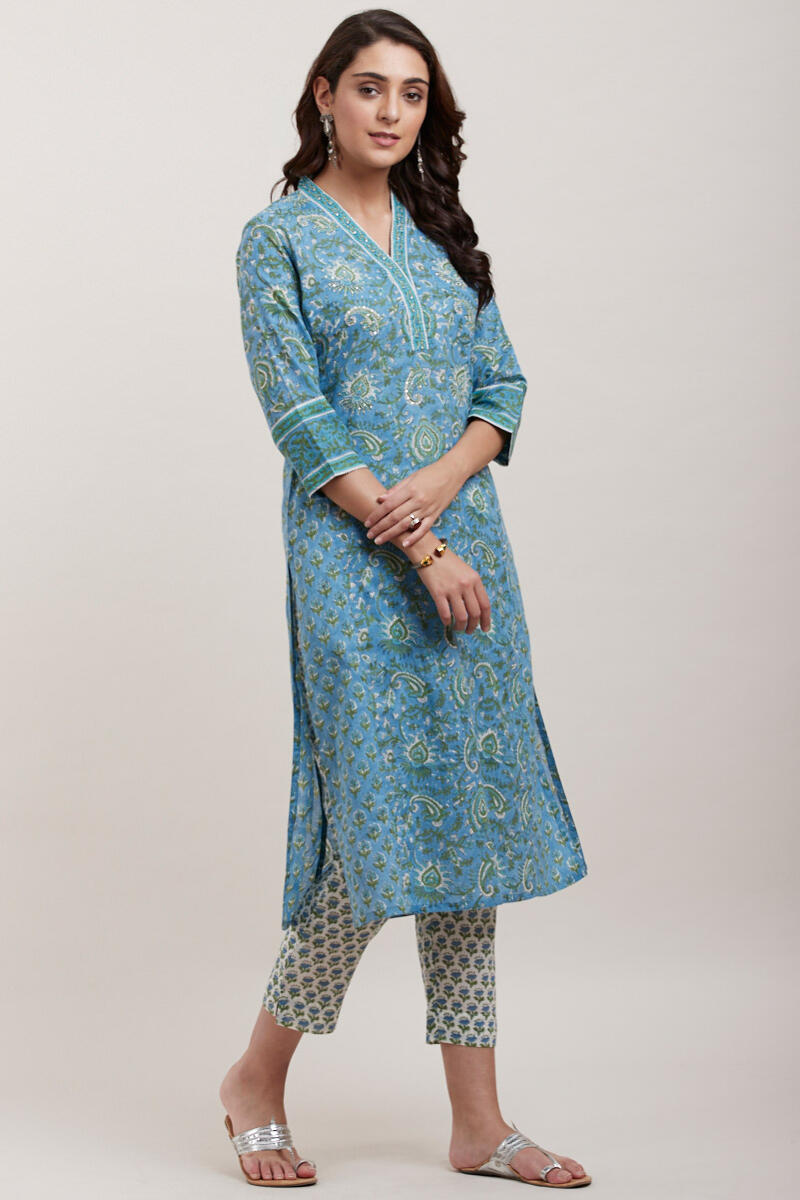 Blue Block Printed Straight Cotton Kurta