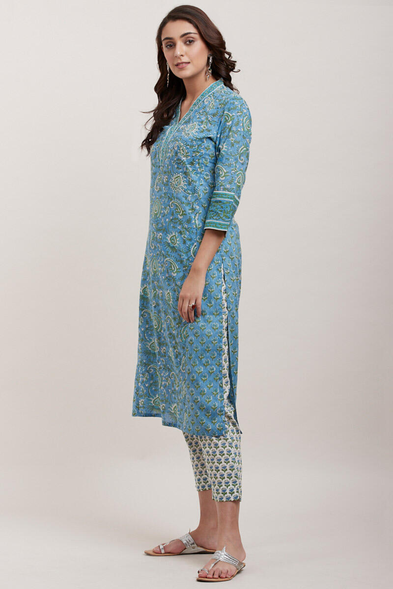 Blue Block Printed Straight Cotton Kurta