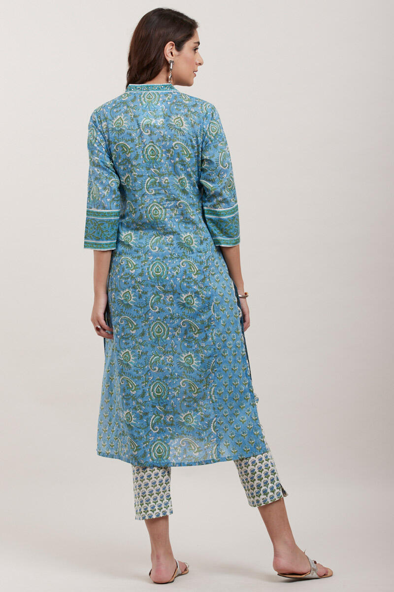 Blue Block Printed Straight Cotton Kurta