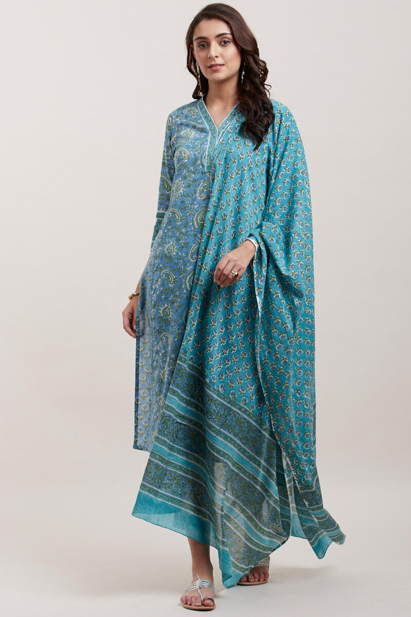 Blue Block Printed Straight Cotton Kurta