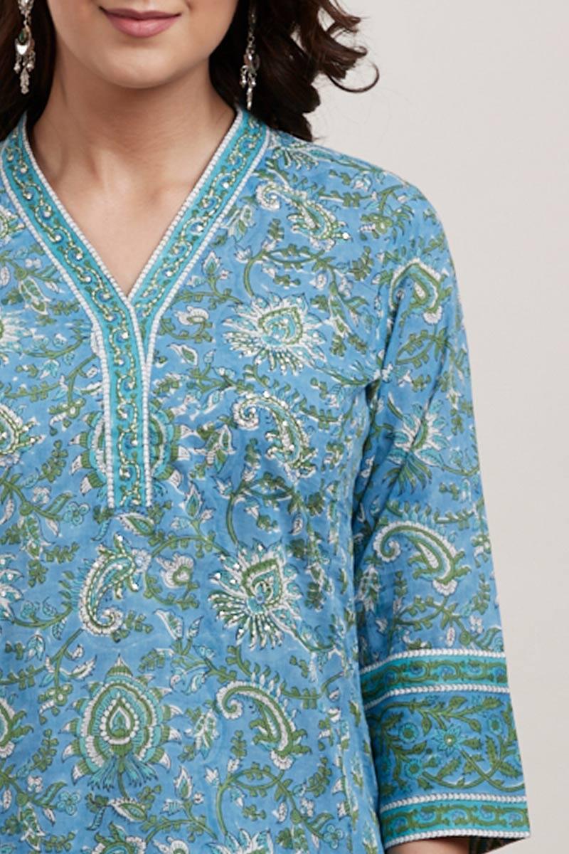 Blue Block Printed Straight Cotton Kurta