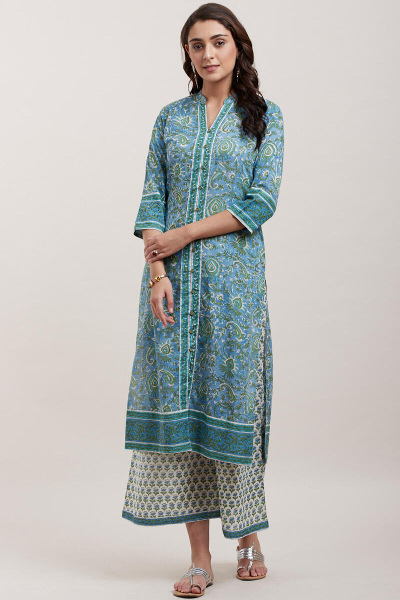 Blue Block Printed Straight Cotton Kurta