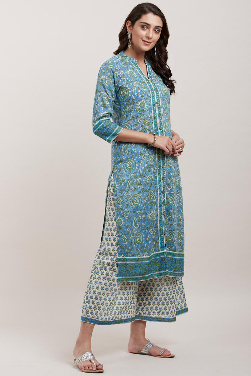 Blue Block Printed Straight Cotton Kurta